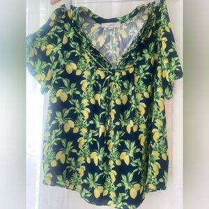 LOFT Blue and Yellow Ruched Short Sleeve Blouse